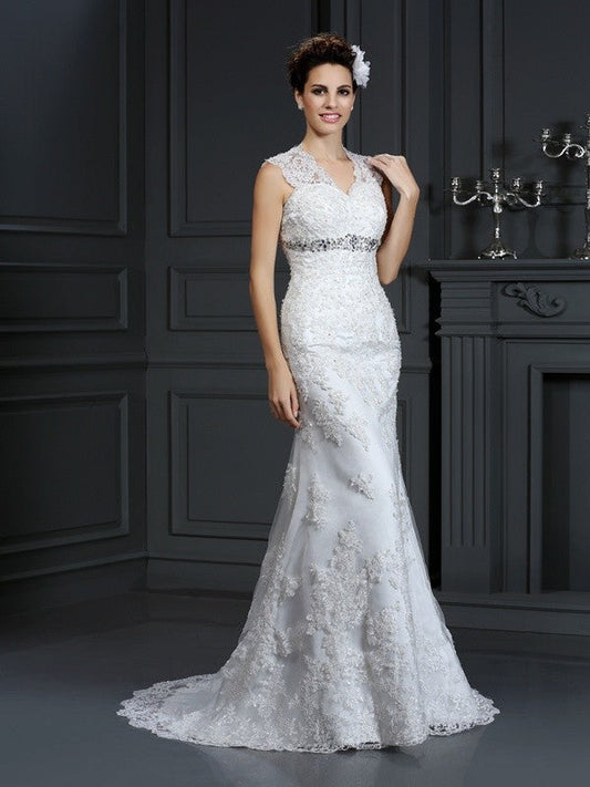 Sheath/Column V-neck Beading Sleeveless Long Lace Wedding Dresses CICIP0006318