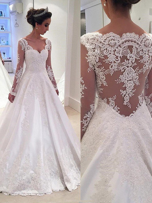 Ball Gown V-neck Long Sleeves Lace Court Train Satin Wedding Dresses CICIP0005902