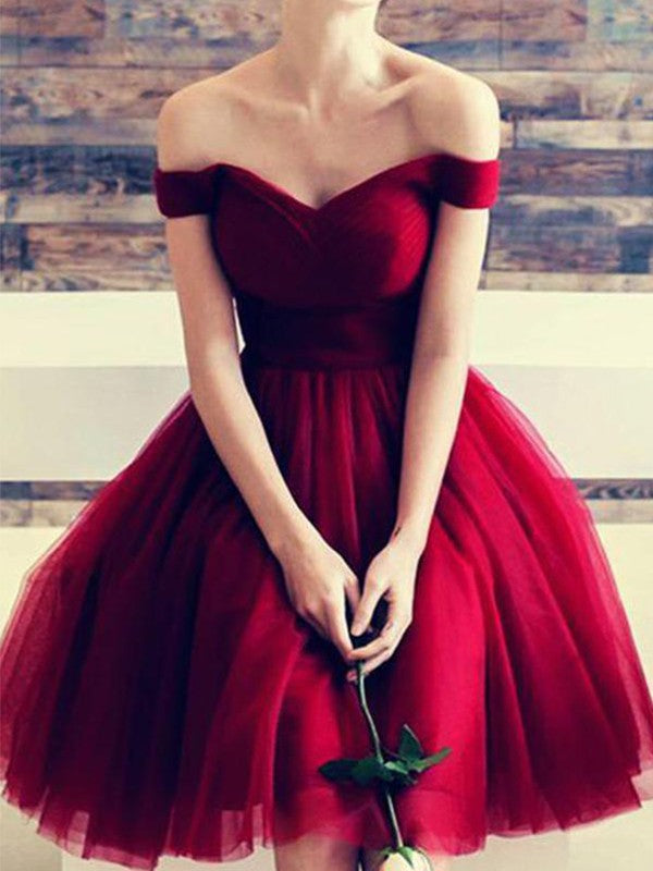 A-Line Off-the-Shoulder Cut Short With Ruffles Tulle Red Homecoming Dresses CICIP0008265