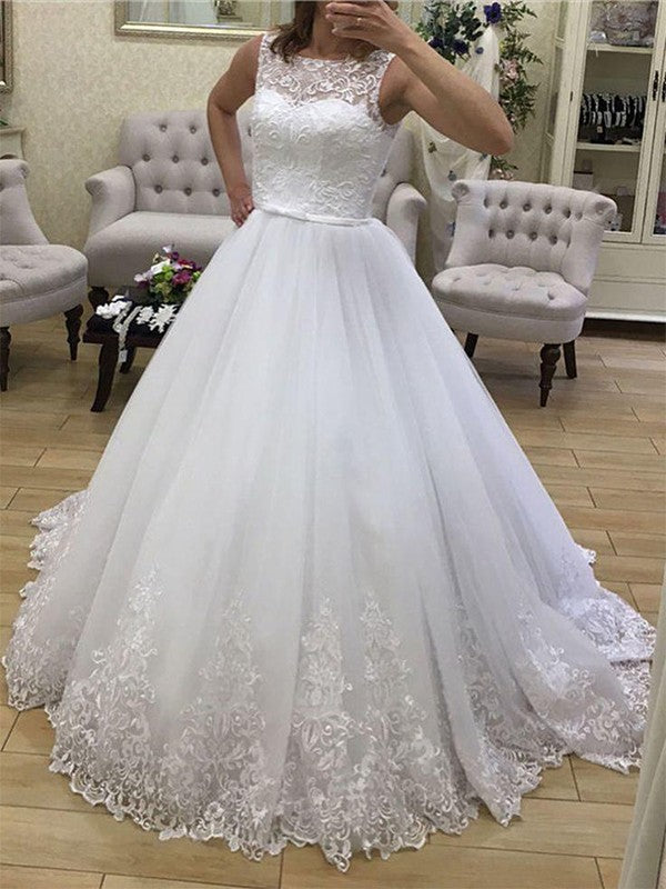 Ball Gown Tulle Applique Scoop Sleeveless Court Train Wedding Dresses CICIP0006729