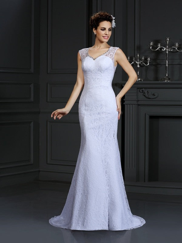 Sheath/Column V-neck Lace Sleeveless Long Satin Wedding Dresses CICIP0006643