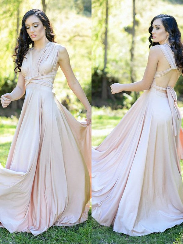 A-Line/Princess Silk like Satin Ruffles V-neck Sleeveless Floor-Length Bridesmaid Dresses CICIP0005558