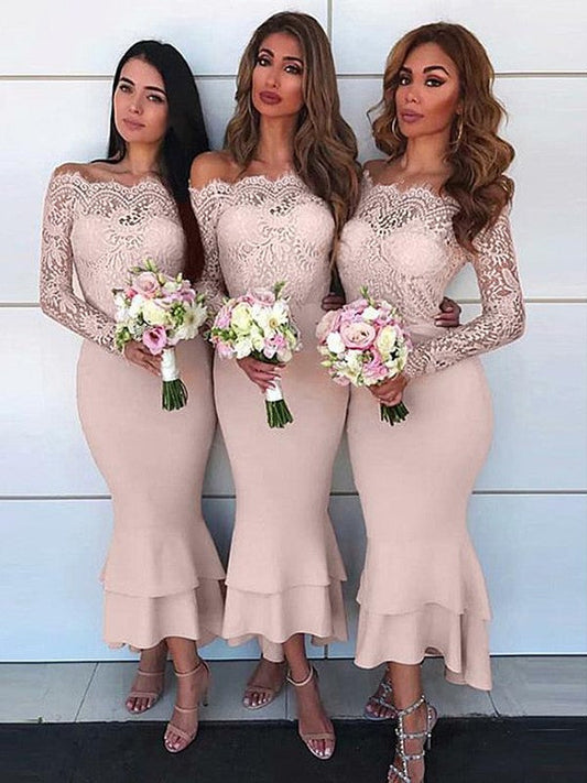 Sheath/Column Off-the-Shoulder Long Sleeves Ankle-Length Lace Stretch Crepe Bridesmaid Dresses CICIP0005149