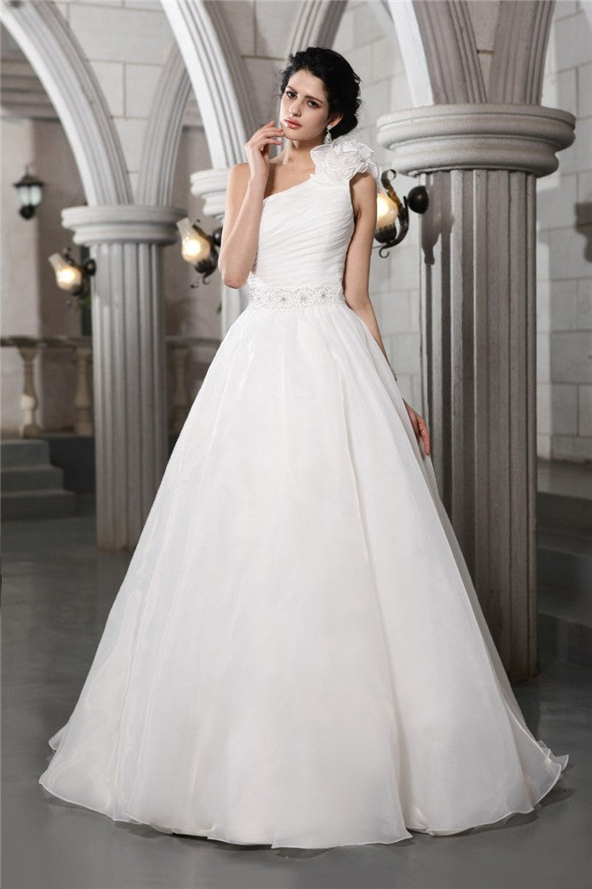A-Line/Princess One-Shoulder Sleeveless Beading Long Organza Wedding Dresses CICIP0006934