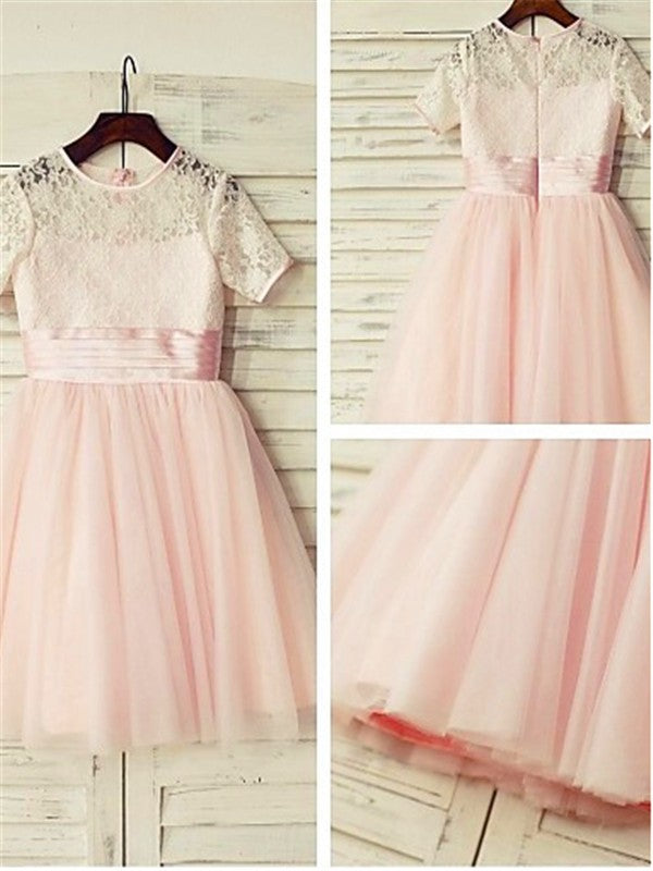A-line/Princess Jewel Short Sleeves Lace Tea-Length Tulle Flower Girl Dresses CICIP0007793