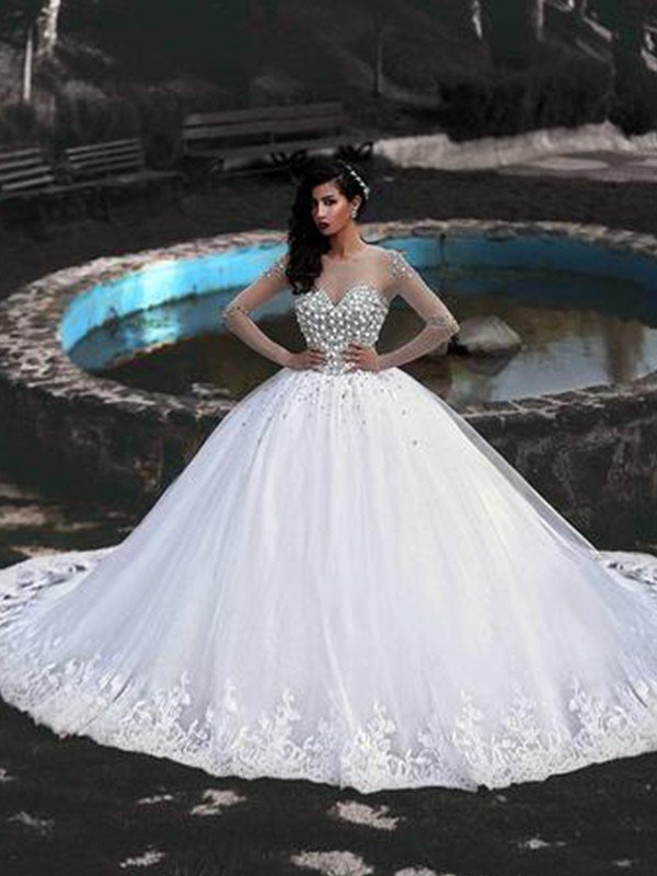 Ball Gown Tulle Beading Scoop Long Sleeves Sweep/Brush Train Wedding Dresses CICIP0006828