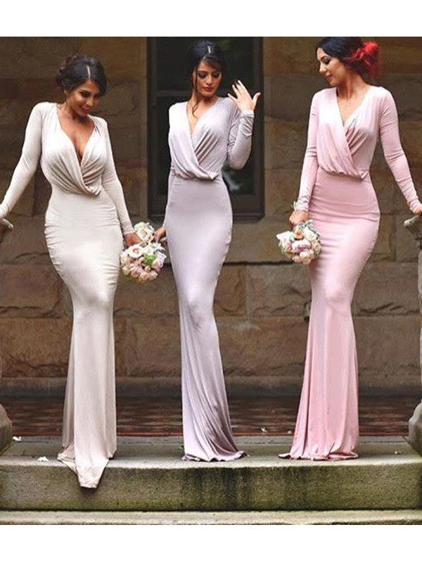 Sheath/Column V-neck Floor-Length Sleeveless Jersey Bridesmaid Dresses CICIP0005247