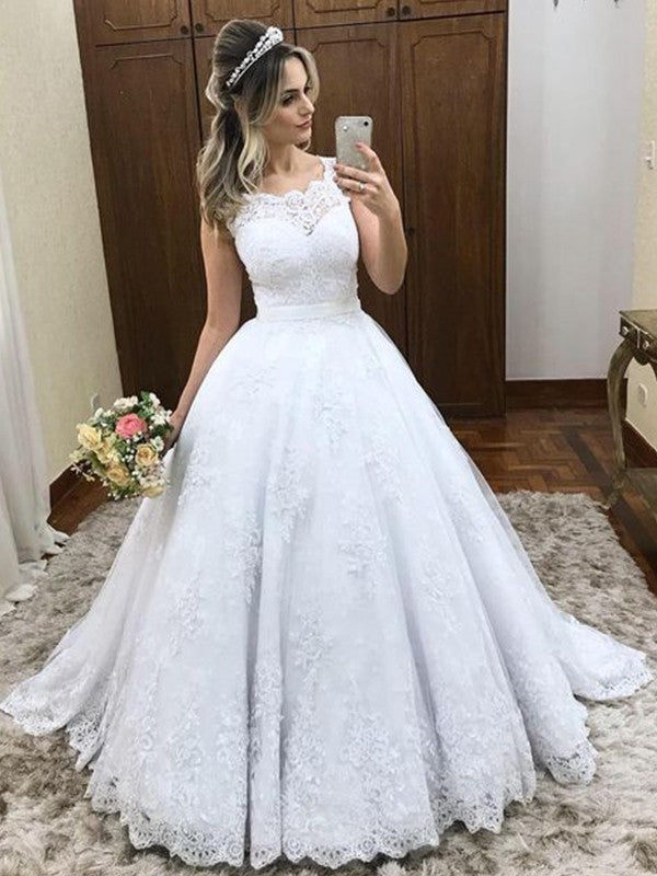 Ball Gown Scoop Sleeveless Sweep/Brush Train Lace Satin Wedding Dresses CICIP0006727
