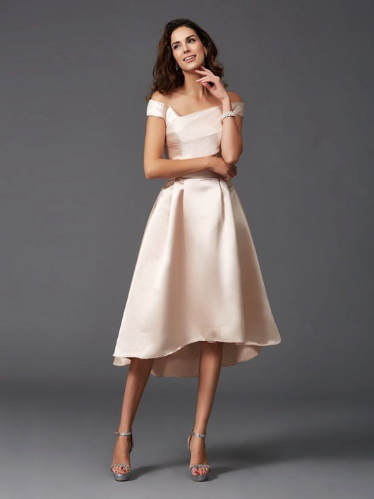 A-Line/Princess Off-the-Shoulder Sleeveless High Low Satin Bridesmaid Dresses CICIP0005211