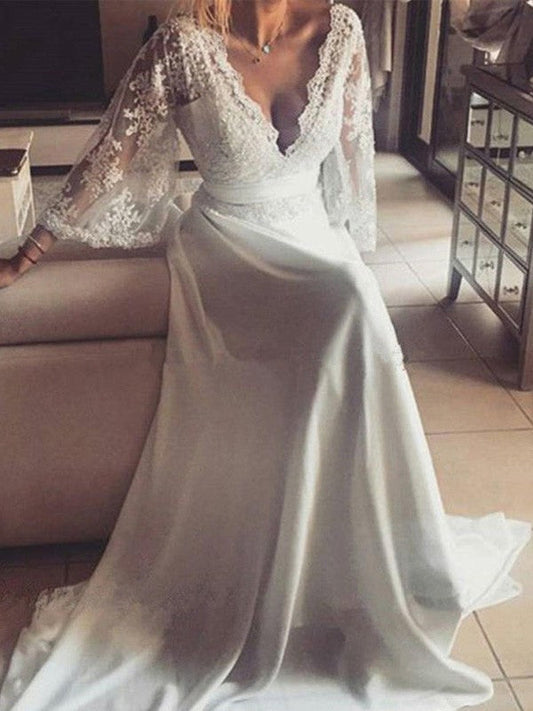 A-Line/Princess V-neck Long Sleeves Sash/Ribbon/Belt Court Train Lace Wedding Dresses CICIP0006265
