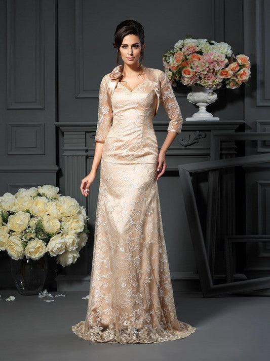 A-Line/Princess V-neck Lace Sleeveless Long Elastic Woven Satin Mother of the Bride Dresses CICIP0007061