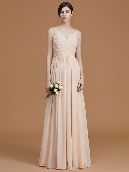 A-Line/Princess V-neck Sleeveless Floor-Length Ruffles Chiffon Bridesmaid Dresses CICIP0005792