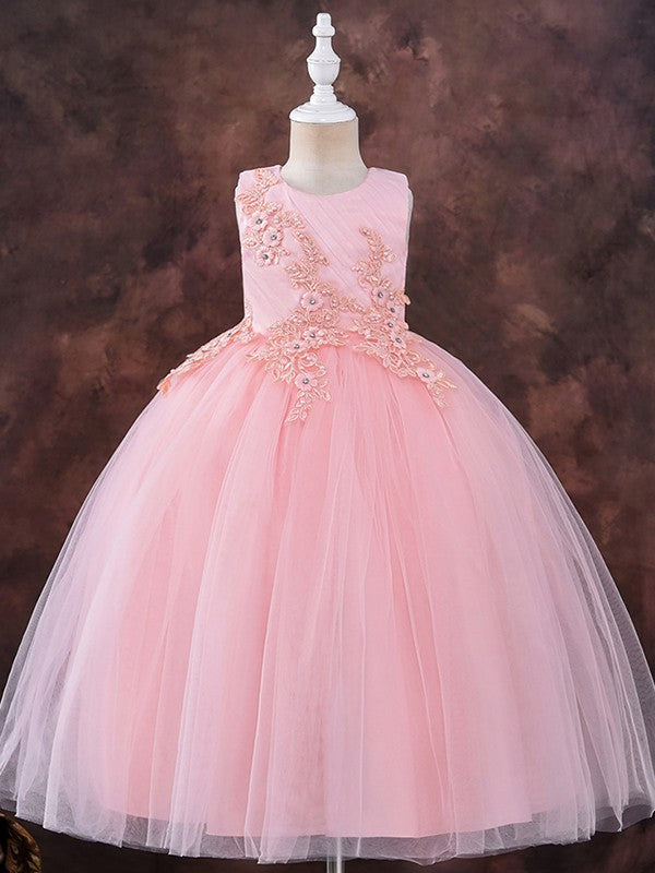 Ball Gown Tulle Applique Scoop Sleeveless Ankle-Length Flower Girl Dresses CICIP0007517