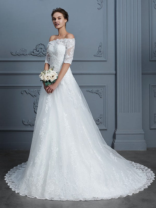 Ball Gown Off-the-Shoulder 1/2 Sleeves Beading Court Train Lace Wedding Dresses CICIP0006404