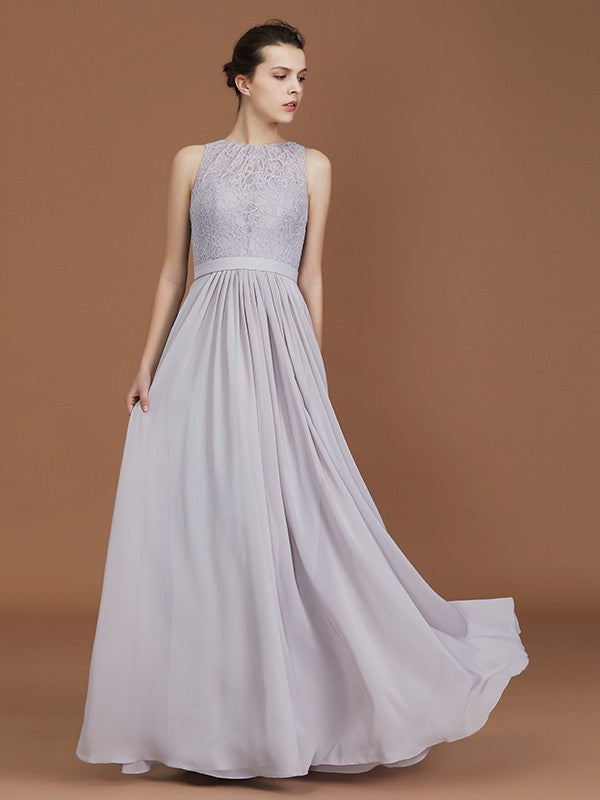 A-Line/Princess Scoop Lace Floor-Length Ruched Chiffon Bridesmaid Dress CICIP0005643