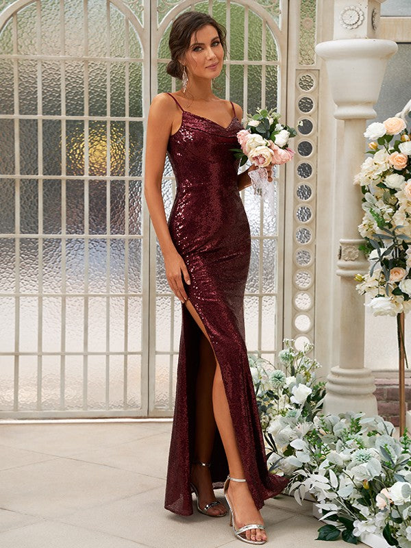 Sheath/Column Sequins Ruched Spaghetti Straps Sleeveless Floor-Length Bridesmaid Dresses CICIP0004929