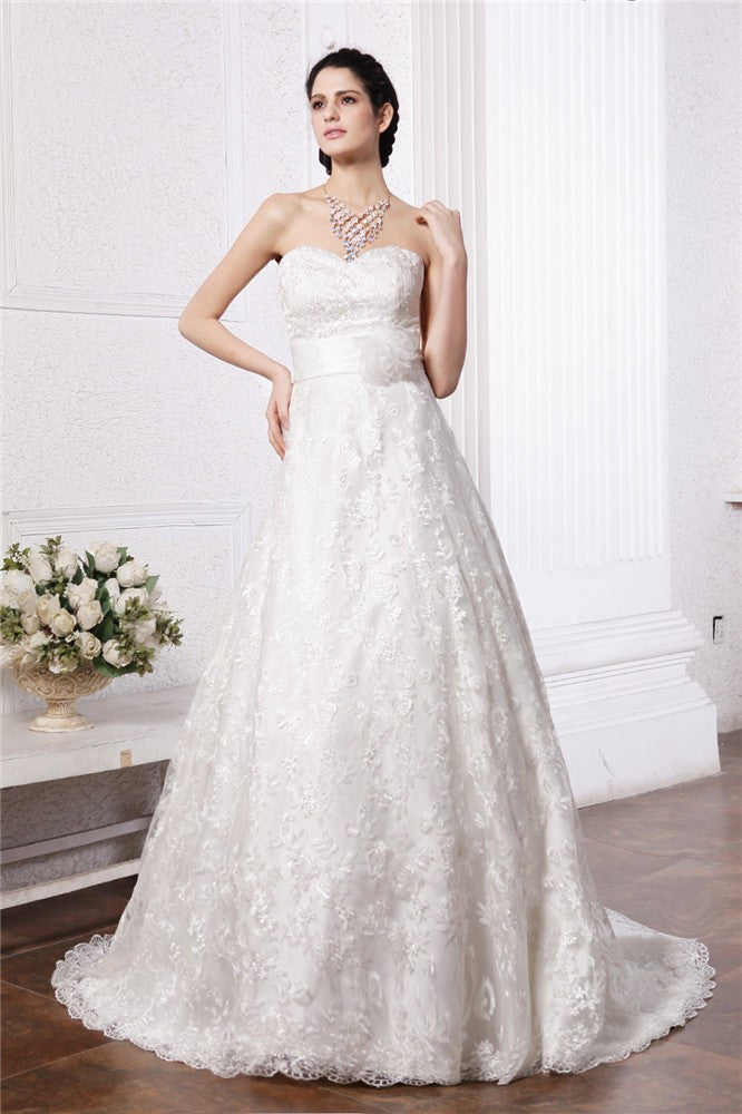 A-Line/Princess Sweetheart Sleeveless Sash Long Lace Wedding Dresses CICIP0006928