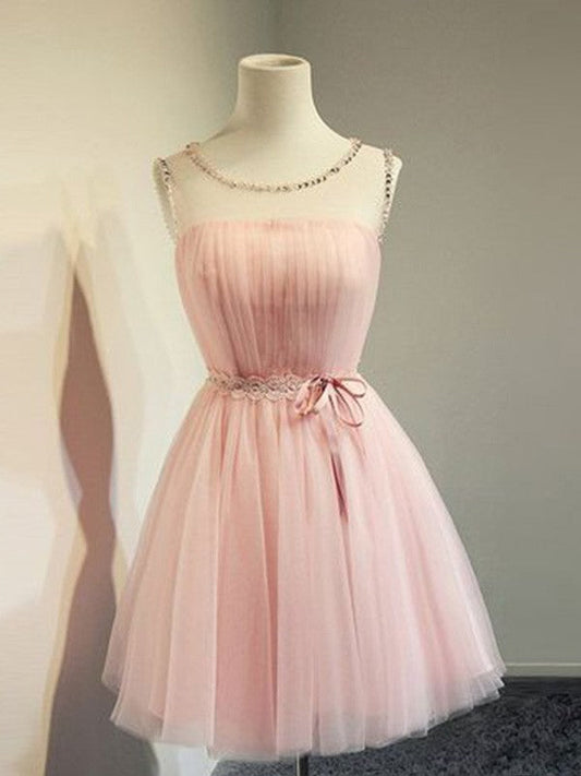 A-Line/Princess Tulle Beading Scoop Sleeveless Short/Mini Homecoming Dresses CICIP0004030