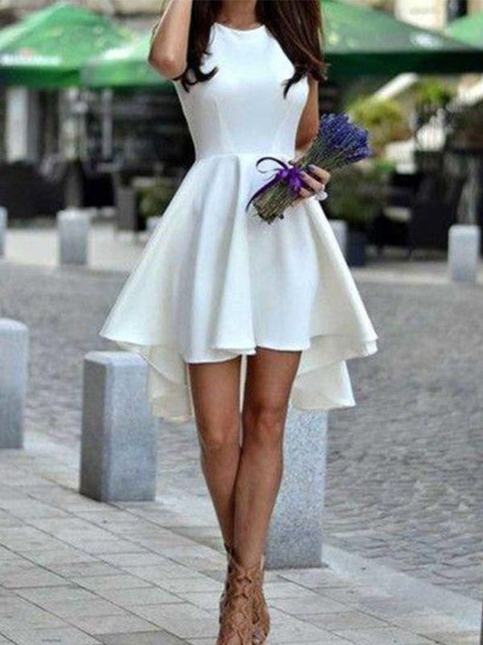 A-Line Jewel Cut Short With Ruffles Satin White Homecoming Dresses CICIP0008222