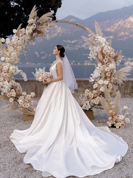 A-Line/Princess Straps Sleeveless Satin Ruffles Court Train Wedding Dresses CICIP0006994