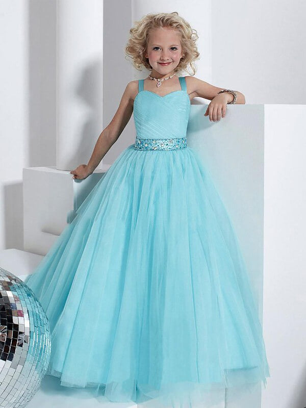 Ball Gown Straps Sleeveless Crystal Floor-Length Tulle Flower Girl Dresses CICIP0007592