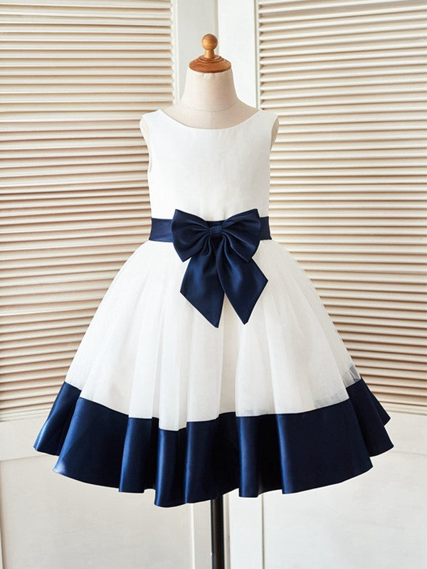 A-Line/Princess Knee-Length Scoop Bowknot Sleeveless Satin Flower Girl Dresses CICIP0007866