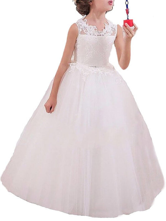 Ball Gown Jewel Sleeveless Applique Floor-Length Tulle Flower Girl Dresses CICIP0007646