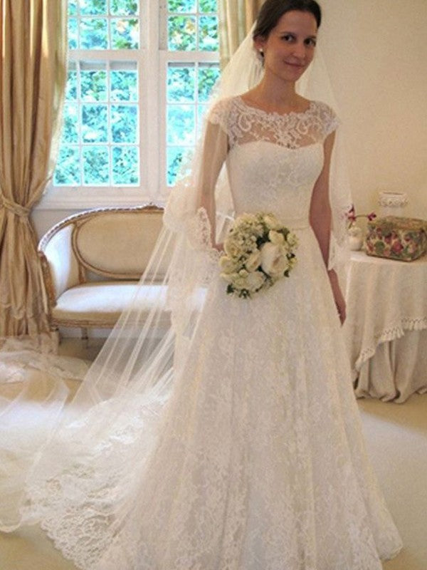 A-Line/Princess Scoop Sleeveless Sweep/Brush Train Lace Tulle Wedding Dresses CICIP0006762