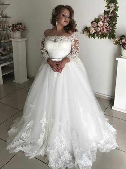 A-Line/Princess Off-the-Shoulder Long Sleeves Sweep/Brush Train Lace Tulle Wedding Dresses CICIP0005965