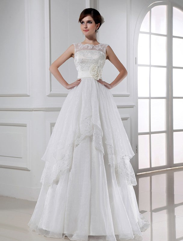 A-Line/Princess Beading Sleeveless Long Lace Organza Wedding Dresses CICIP0006916