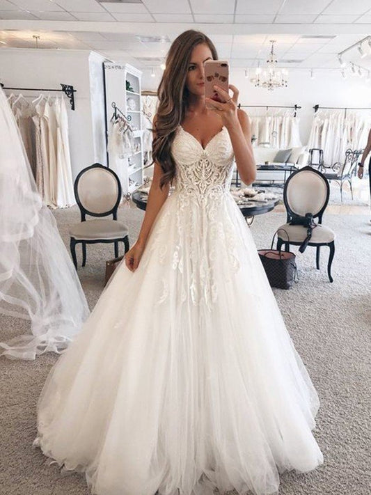 A-Line/Princess Sweetheart Sleeveless Floor-Length Lace Tulle Wedding Dresses CICIP0006224