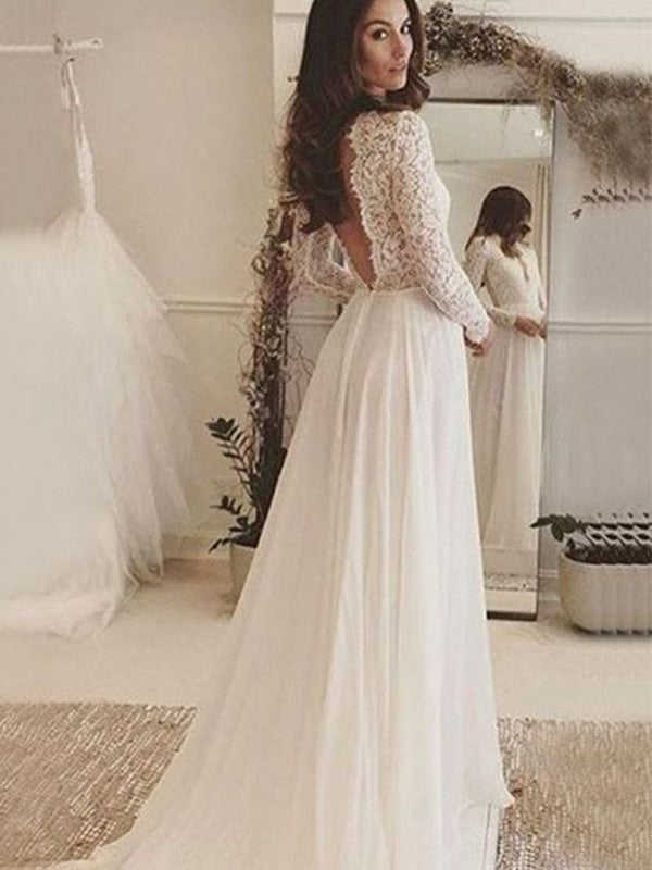 A-Line/Princess Chiffon Lace Scoop Long Sleeves Sweep/Brush Train Wedding Dresses CICIP0006575