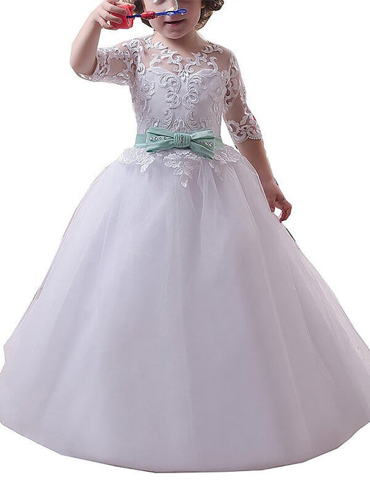 Ball Gown Jewel 1/2 Sleeves Lace Floor-Length Tulle Flower Girl Dresses CICIP0007750