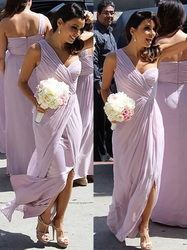 A-Line/Princess One-Shoulder Chiffon Ruched Sleeveless Floor-Length Bridesmaid Dresses CICIP0005242