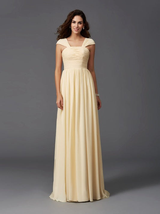 A-Line/Princess Straps Ruffles Sleeveless Long Chiffon Bridesmaid Dresses CICIP0005470