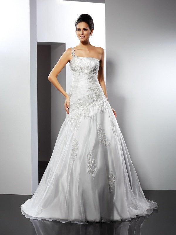 A-Line/Princess One-Shoulder Applique Sleeveless Long Satin Wedding Dresses CICIP0006789
