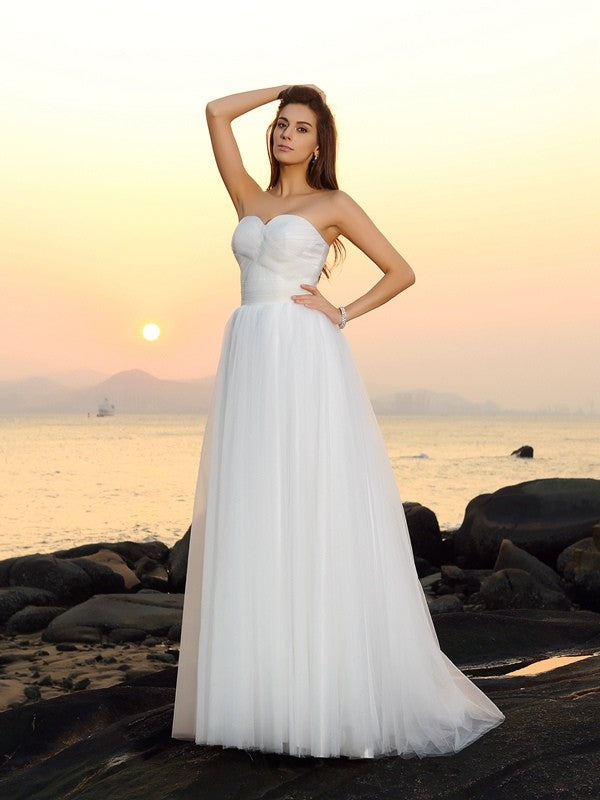 A-Line/Princess Sweetheart Sleeveless Long Net Beach Wedding Dresses CICIP0006582
