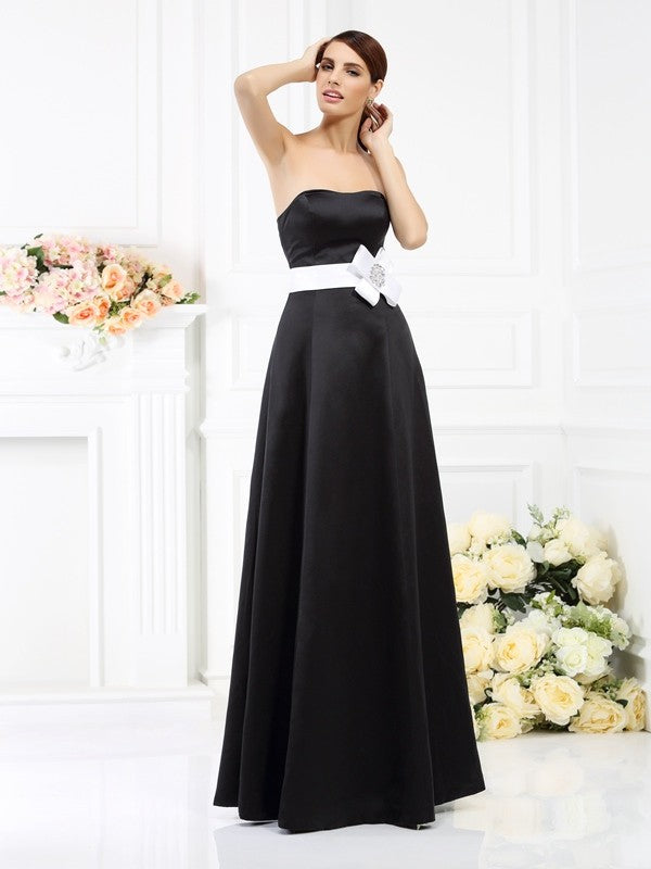 A-Line/Princess Strapless Sash/Ribbon/Belt Sleeveless Long Satin Bridesmaid Dresses CICIP0005754