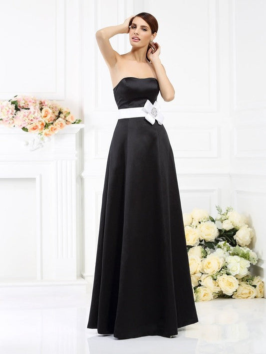 A-Line/Princess Strapless Sash/Ribbon/Belt Sleeveless Long Satin Bridesmaid Dresses CICIP0005754