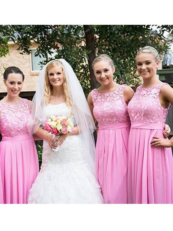 A-Line/Princess Scoop Sleeveless Floor-Length Lace Chiffon Bridesmaid Dresses CICIP0005613