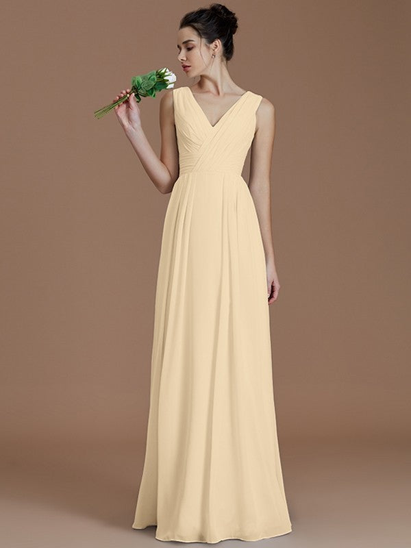 A-Line/Princess V-neck Sleeveless Ruched Floor-Length Chiffon Bridesmaid Dresses CICIP0005037