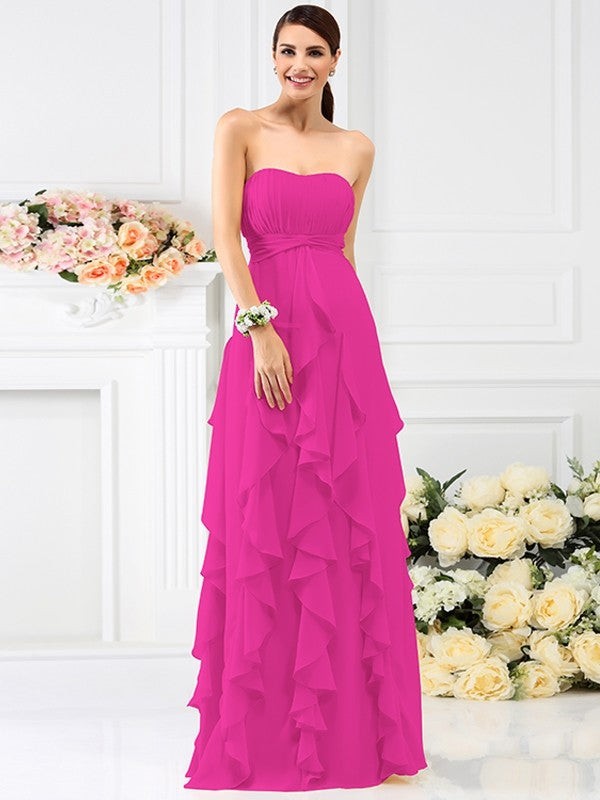 A-Line/Princess Strapless Pleats Sleeveless Long Chiffon Bridesmaid Dresses CICIP0005396