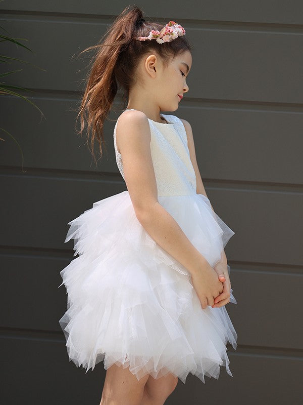 A-Line/Princess Tulle Lace Scoop Sleeveless Short/Mini Flower Girl Dresses CICIP0007487
