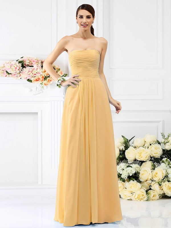 A-Line/Princess Strapless Pleats Sleeveless Long Chiffon Bridesmaid Dresses CICIP0005732