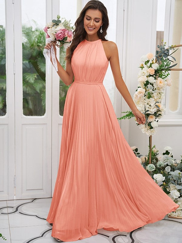 A-Line/Princess Chiffon Ruffles Halter Sleeveless Floor-Length Bridesmaid Dresses CICIP0004922