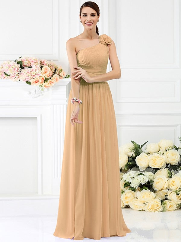 A-Line/Princess One-Shoulder Pleats Hand-Made Flower Sleeveless Long Chiffon Bridesmaid Dresses CICIP0005131