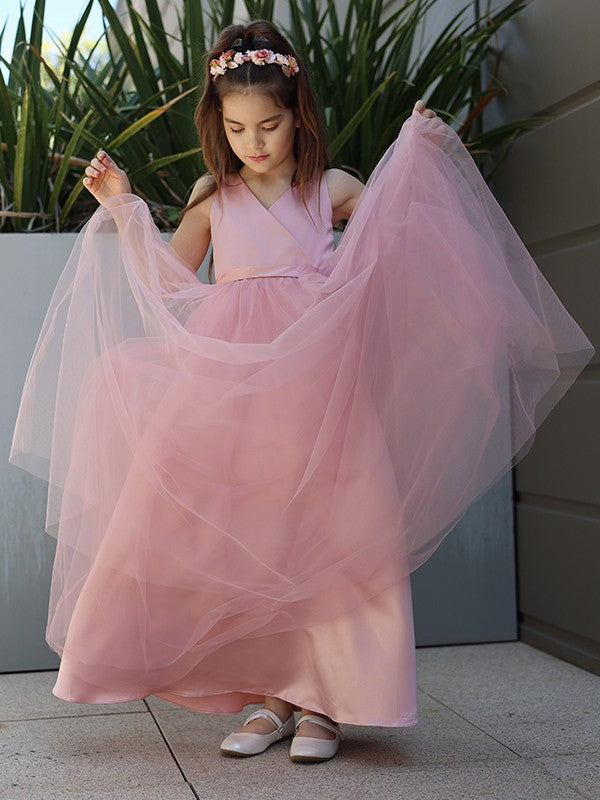 A-Line/Princess Tulle Bowknot V-neck Sleeveless Floor-Length Flower Girl Dresses CICIP0007496