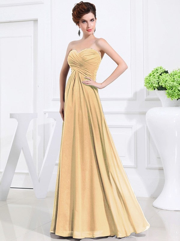 A-Line/Princess Sweetheart Sleeveless Chiffon Pleats Long Bridesmaid Dresses CICIP0005559