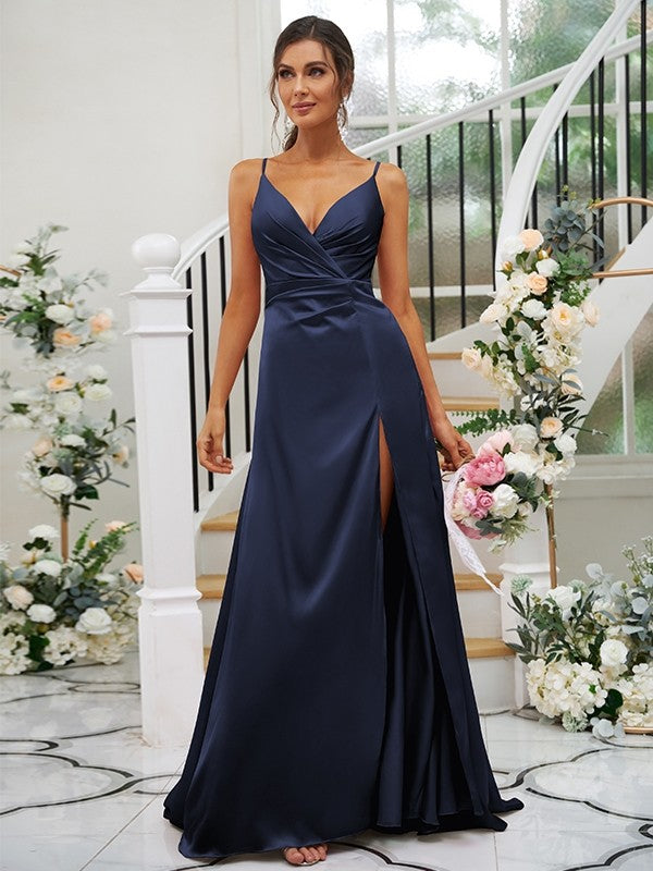 A-Line/Princess Silk like Satin Ruched V-neck Sleeveless Floor-Length Bridesmaid Dresses CICIP0004934