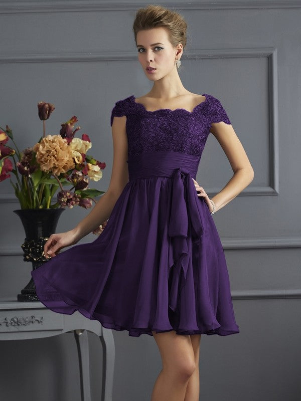 A-Line/Princess Scoop Short Sleeves Lace Short Chiffon Bridesmaid Dresses CICIP0005086
